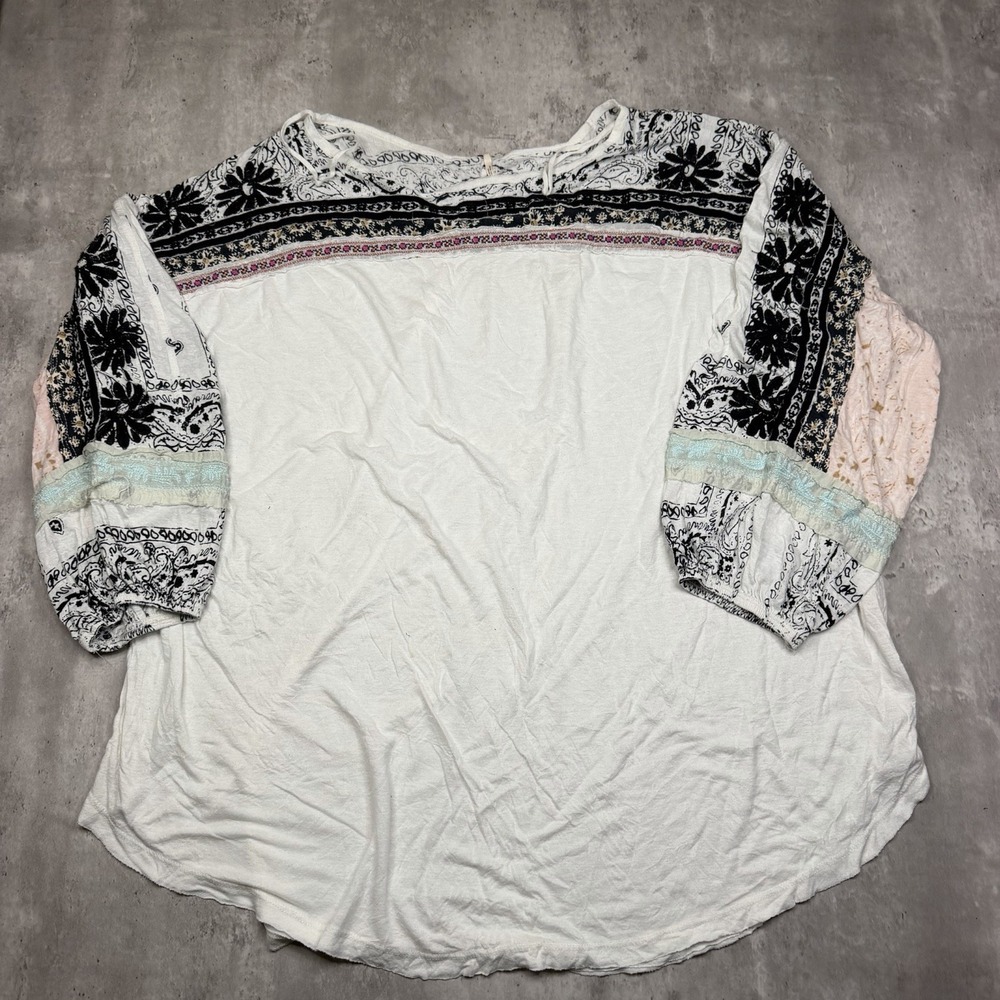 Free People Women's Boho Peasant Top Embroidered Balloon Sleeve Size Large